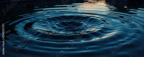 Dark water surface, concentric circles expanding from unseen impact, calm, dusky, twilight