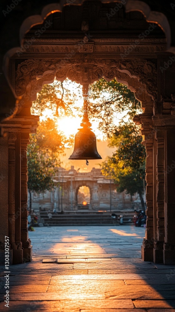 Fototapeta premium Ancient temple bell at sunrise framing the sacred courtyard