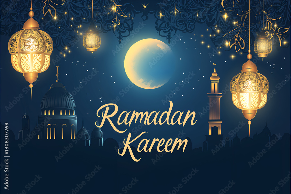 Greeting with decorative lantern and moon over silhouette of buildings, ramadan and eid al-fitr concept Greeting with decorative lantern and moon over silhouette of buildings, ramadan and eid al-fitr concept