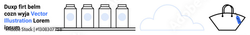 Milk cartons neatly arranged on shelf, a minimalist cloud, and a tote shopping bag with a blue highlight. Ideal for food, beverage, dairy, shopping, retail storage delivery. Flat landing page