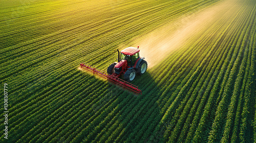 Aerial photography of a large agricultural sprinkler working on a green field