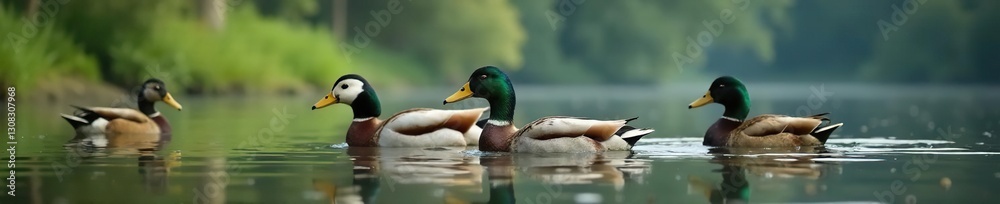Emperor ducks swimming gracefully on a calm lake, wildlife photography, outdoor, nature photography Emperor ducks swimming gracefully on a calm lake, wildlife photography, outdoor, nature photography