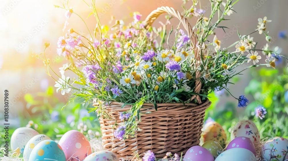 Spring flowers in basket, Easter eggs Spring flowers in basket, Easter eggs