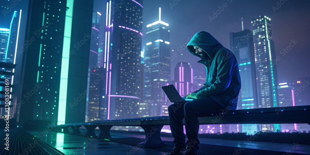 Obraz premium man with laptop background city scape