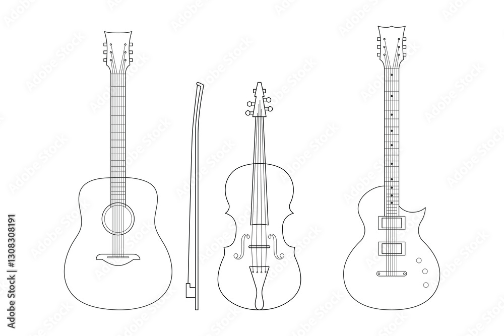Naklejka premium Set of outline guitars. Acoustic, electric and violin on white background
