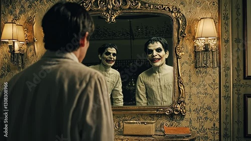 A man is standing in front of a mirror with a clown mask on his face