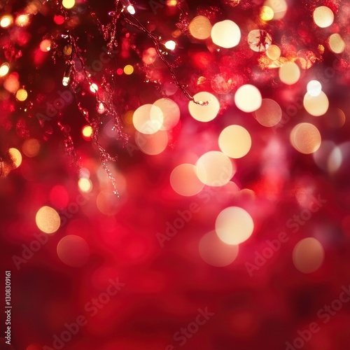 A vibrant display of blurred red and white lights twinkles brightly, casting a warm glow on a beautifully adorned tree, creating a festive and enchanting atmosphere.