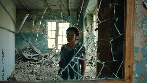 A woman is reflected in a broken mirror