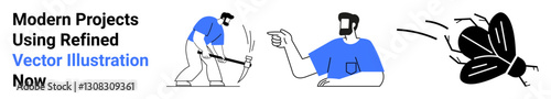 Angry man pointing at worker using pickaxe while fly buzzes nearby. Ideal for workplace dynamics, communication, criticism, instruction, humor, task management, flat landing page banner