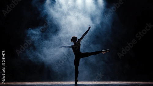 Silhouette of a male ballet dancer performing on stage with dramatic lighting and fog showcasing grace and precision