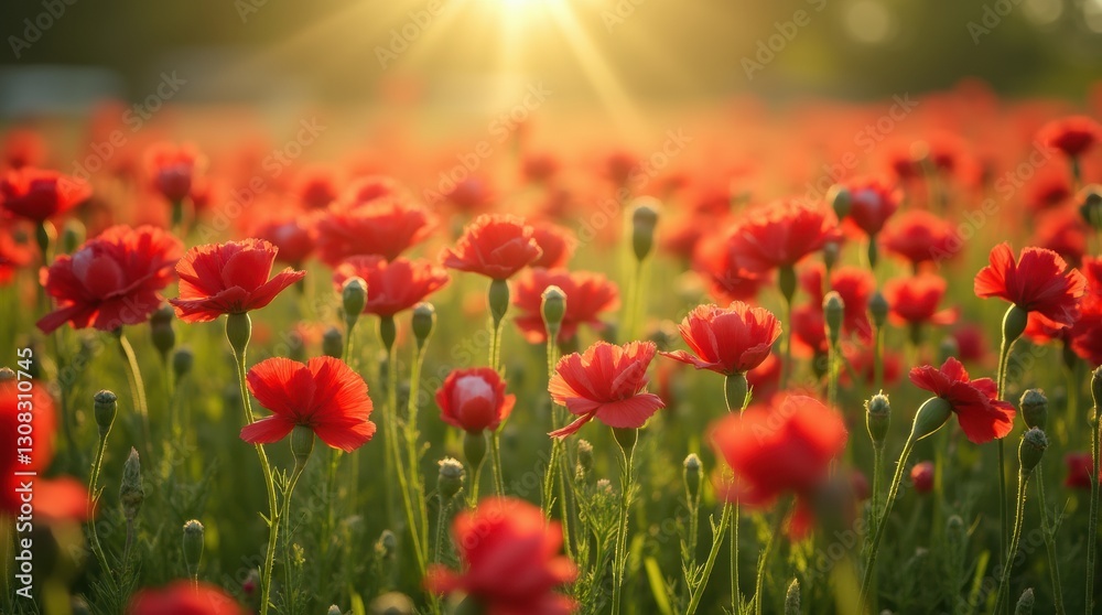 Naklejka premium A field of red carnations swaying gently in the breeze, bathed in warm sunlight
