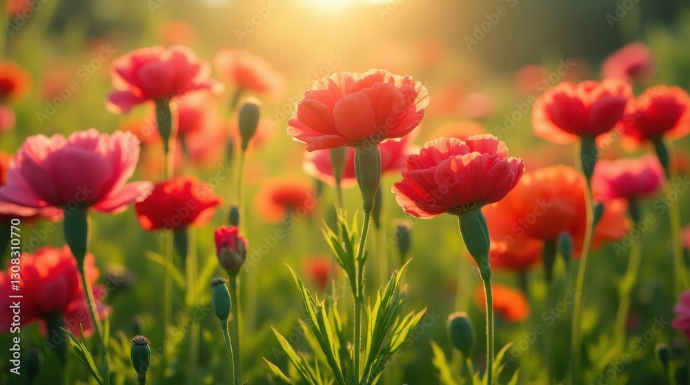 A field of red carnations swaying gently in the breeze, bathed in warm sunlight A field of red carnations swaying gently in the breeze, bathed in warm sunlight