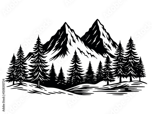Silhouettes of mountains on an isolated background. set of hand-drawn landscape mountains with silhouette pine trees. 