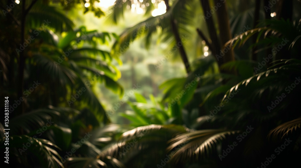 Fototapeta premium Abstract blur of a lush green forest with sun rays filtering through the trees, creating a peaceful, natural atmosphere.