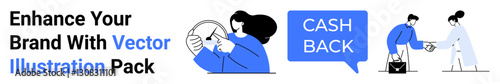 Woman analyzing receipt with magnifier, transaction between customer and vendor highlighted. Ideal for e-commerce, retail, cashback offers, shopping promos, business branding, advertising themes