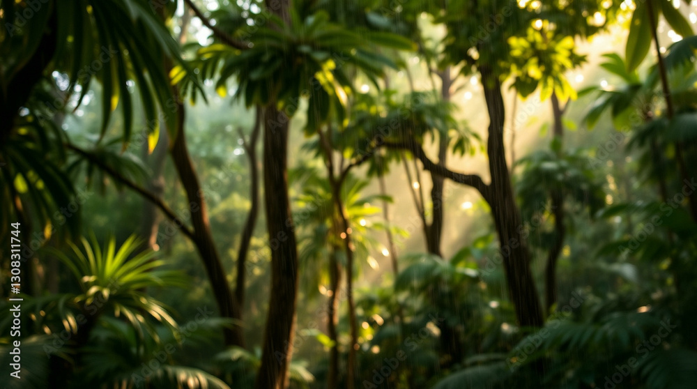 Abstract blur of a lush green forest with sun rays filtering through the trees, creating a peaceful, natural atmosphere. Abstract blur of a lush green forest with sun rays filtering through the trees, creating a peaceful, natural atmosphere.