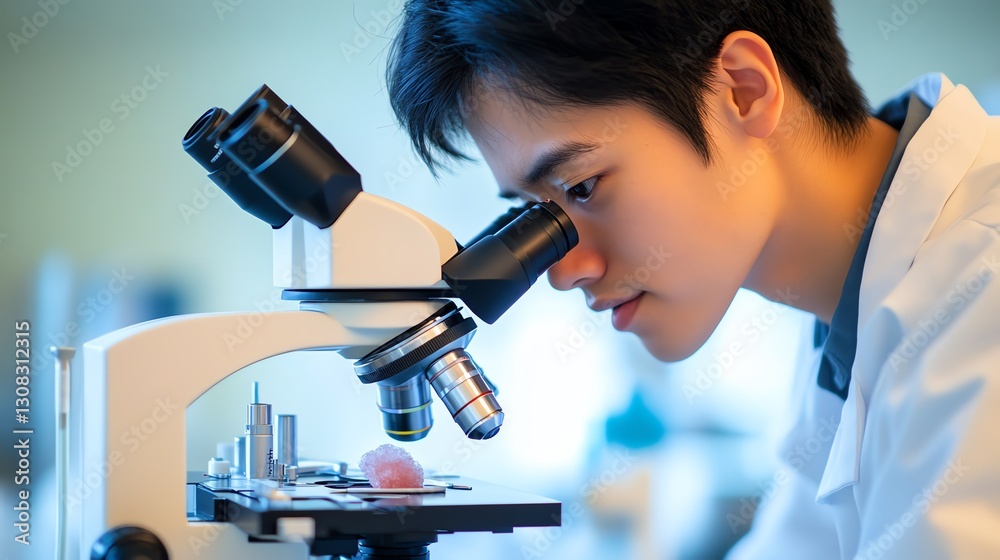 Young scientist examining specimen through microscope. Young scientist examining specimen through microscope.