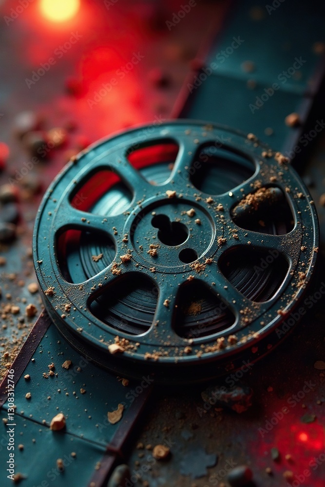 Fototapeta premium Dusty, scratched film reel with visible grain , particles, scratches, noise
