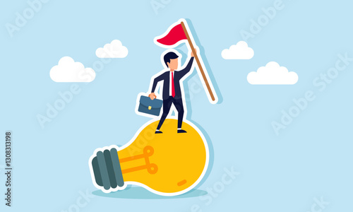 Businessman raises a stick and stands on a light bulb, illustration of success in implementing business ideas and innovations correctly