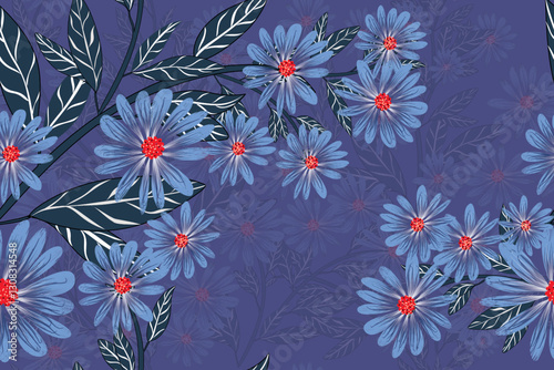 floral design delicate blue daisy-like purple background fine seamless floral pattern sophisticated flowers red centers deep, painterly strokes dark green leaves with white vein details