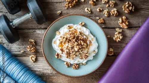 Healthy Greek Yogurt with Walnuts and Honey on a Rustic Wooden Table with Fitness Equipment Nearby