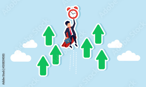 Super businessman carries an alarm clock breaking through the sky with several arrow signs, illustration of the ability to manage work time effectively and efficiently