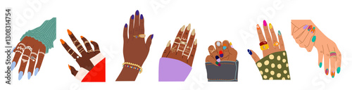 Set of different Female hands with modern manicure, golden, silver finger rings, bracelets on wrist. Nail treatment, beauty, jewelry advertising concept. Vector illustration
