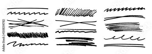 Underline stroke marker felt pen scribbles doodle line collection. Hand drawn outline sketch wave brush mark elements crosshatch rough dividers set for text highlight underline emphasis.