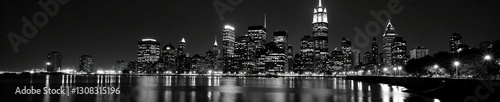 Dramatic black & white photo, Boston's financial district at night, photography, contrast, view
