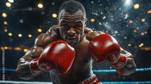 Powerful Boxer in Red Gloves During Intense Fight