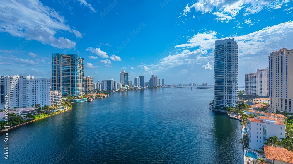 Naklejka premium A stunning waterfront view of modern skyscrapers lining a serene bay under a bright blue sky with scattered clouds.