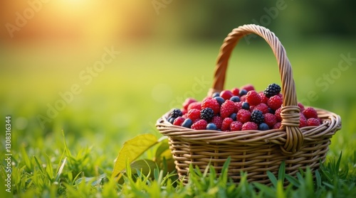 Rustic basket brimming with berries on a green grassy field