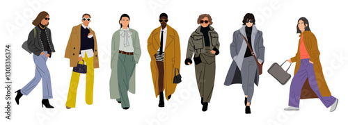 Set of different Modern business women walking and standing in fashionable casual office outfit. Pretty ladies wearing autumn, winter warm stylish outwear clothes, jacket, coat. Vector illustrations.