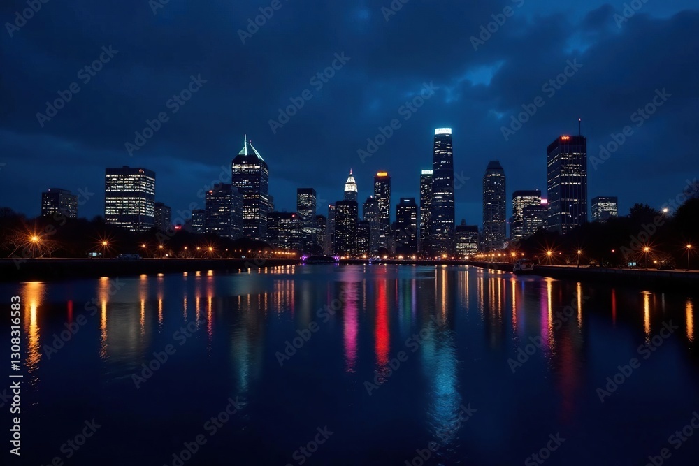 Obraz premium Dramatic nocturnal panorama, Boston's glittering skyline , illuminated, view, water