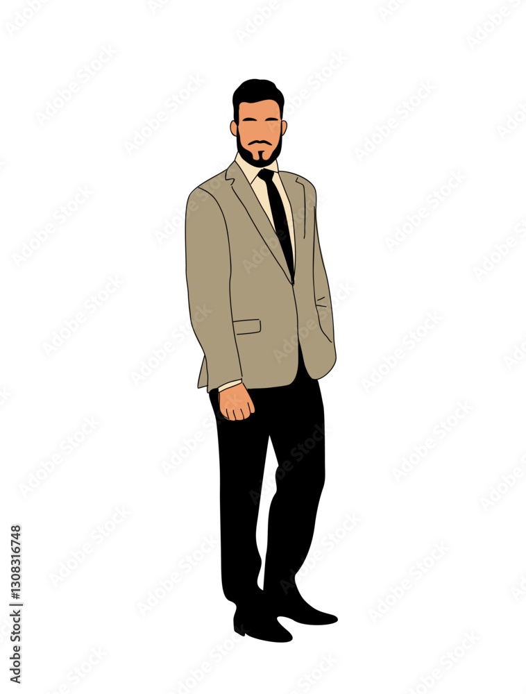 Handsome businessman wearing formal office outfit. Attractive bearded man standing in suit and tie. Male cartoon character outline Vector illustration isolated Handsome businessman wearing formal office outfit. Attractive bearded man standing in suit and tie. Male cartoon character outline Vector illustration isolated