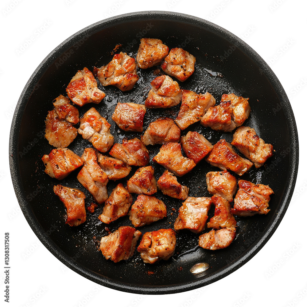 Sizzling Chunks of Juicy Chicken Breast Cooking in a Hot Skillet with Crispy Brown Edges Sizzling Chunks of Juicy Chicken Breast Cooking in a Hot Skillet with Crispy Brown Edges