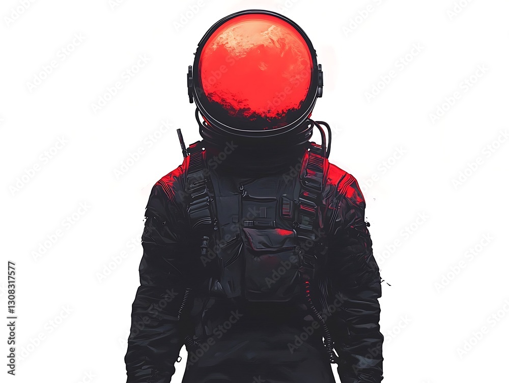 A figure in a futuristic black suit with a striking red helmet, exuding an aura of mystery and adventure. A figure in a futuristic black suit with a striking red helmet, exuding an aura of mystery and adventure.