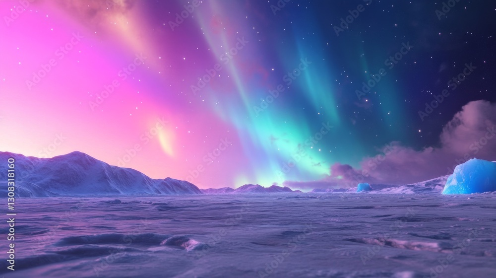 Naklejka premium Aurora borealis over icy landscape at dawn