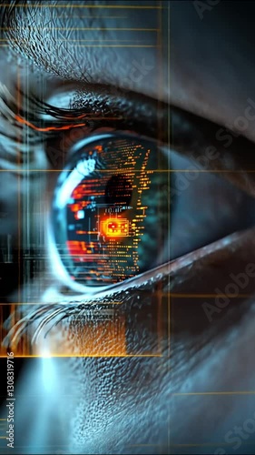 AI-enhanced bionic eye scanning futuristic digital data, AI-enhanced bionic eye reflecting AI-powered security system, AI-enhanced bionic eye in a high-tech cyber surveillance concept