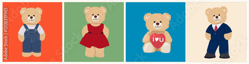 Set of different Cute Teddy Bear characters, boy, girl, baby bear with heart. Adorable childrens cartoon toys for birthday, Valentines Day greeting card, invitation, sticker. Vector illustrations.