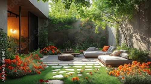 Elegant and vibrant garden terrace featuring comfortable seating amidst lush greenery and colorful flowers in backyard. Architecture and home decor background concept.