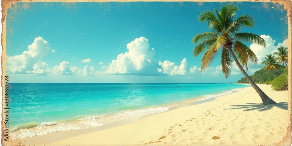 Fototapeta premium Serene Tropical Beach Scene Palm Tree by Azure Waters and Soft Sand
