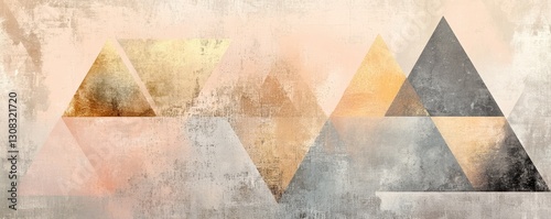 A vibrant abstract painting featuring two overlapping triangles in bold colors, set against a textured background. The interplay of shapes creates a dynamic visual experience.