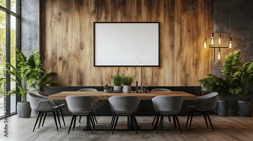 A large white blank poster frame is mounted on the wall of an elegant dining room with modern chairs and a wooden table. The wall behind it has a textured light brown wood paneling. 