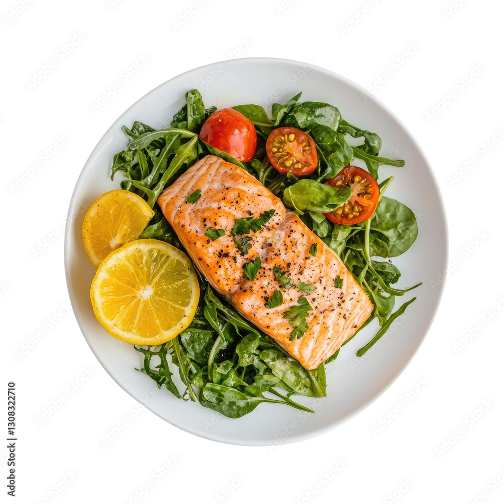 Deliciously Cooked Salmon Fillet Served on Fresh Spinach Salad with Cherry Tomatoes and Lemon Slices Garnish Deliciously Cooked Salmon Fillet Served on Fresh Spinach Salad with Cherry Tomatoes and Lemon Slices Garnish
