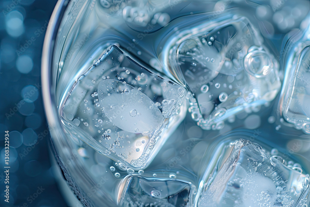 Close-up of ice cubes in a glass of water with bubbles. Close-up of ice cubes in a glass of water with bubbles.