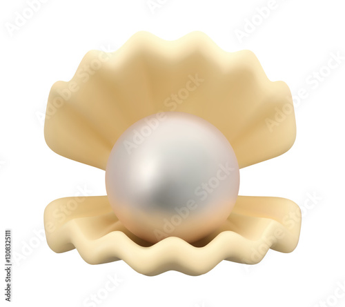 Open seashell with pearl vector 3d icon. White cartoon sea shell, cute child illustration isolated on white background. Design element in simple style.