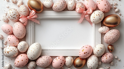 Easter-themed frame with pink and gold eggs set against a white background, featuring a ribbon bow in a clip art style. Ideal for holiday greetings, festive decorations, and creative design projects.