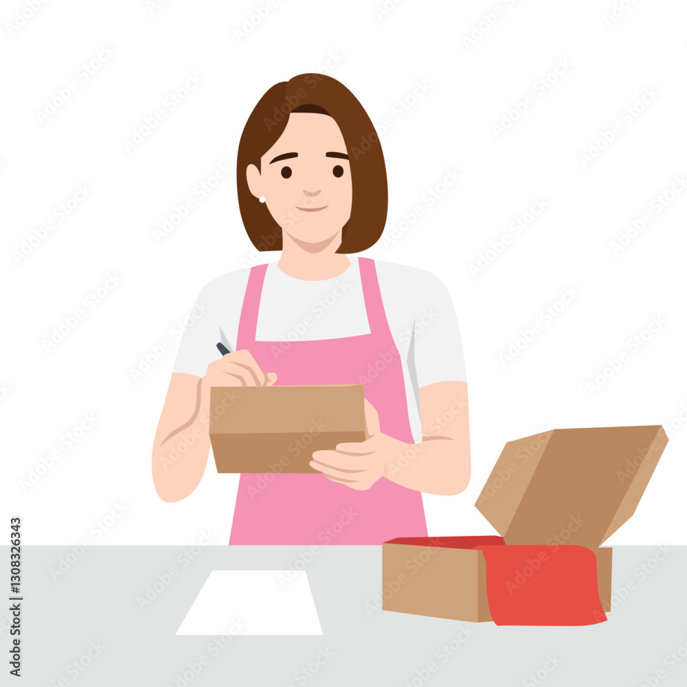 Woman is writing on a package while preparing a box for shipping, ensuring everything is in order. Flat vector illustration isolated on white background Woman is writing on a package while preparing a box for shipping, ensuring everything is in order. Flat vector illustration isolated on white background