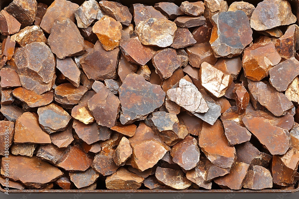 Close-up of many small, rough, reddish-brown stones in a container. Close-up of many small, rough, reddish-brown stones in a container.